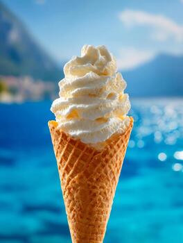 de cerca ver de un delicioso suave servir hielo crema en un crujiente gofre cono con un escénico azul lago y montañas en suave atención antecedentes en un soleado día foto