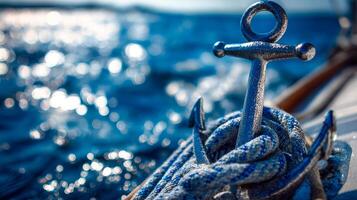 Close-up of a nautical anchor and rope on a boat with shimmering water in the background photo