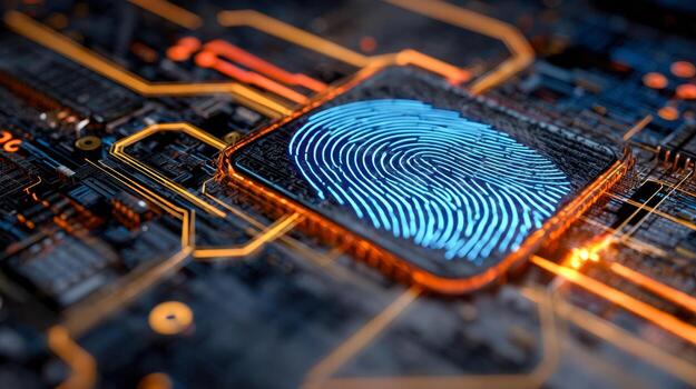 Advanced computer chip with illuminated fingerprint scanner on circuit board photo