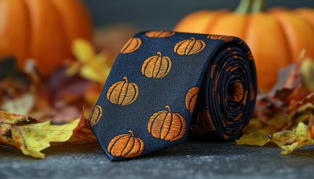 elegante tejer Corbata con calabaza modelo en un otoño antecedentes con calabazas y hojas foto