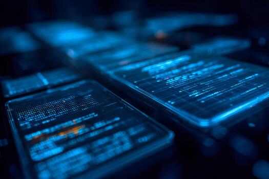 Digital data streams displayed on futuristic transparent screens in a dark technology environment photo