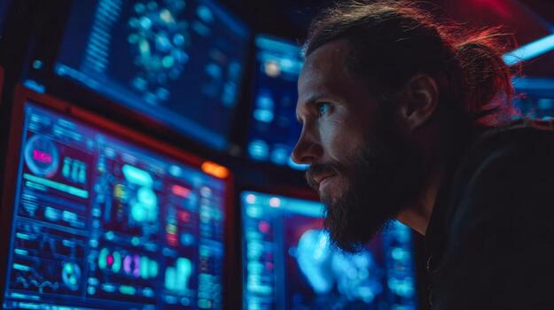 Man analyzing high-tech data on multiple screens in a dark, futuristic control room photo