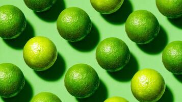 brillante verde limas dispersado en un vibrante verde antecedentes con dramático oscuridad foto
