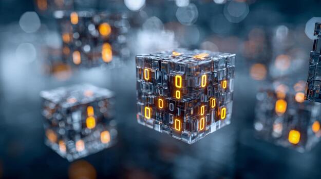 futurista digital cubitos con brillante datos patrones en un alta tecnología ambiente foto