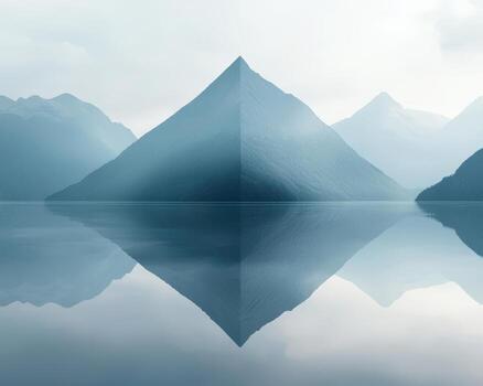 Tranquil mountain lake reflecting a pyramid-shaped mountain with surrounding peaks photo