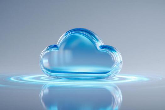 Transparent blue glass cloud icon glowing on reflective surface with soft ripples symbolizing digital data storage and cloud computing technology concept photo
