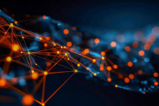 Glowing interconnected nodes forming a complex network with vibrant orange points and blue background representing digital communication and data exchange photo
