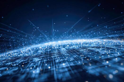 Futuristic abstract digital network with glowing blue lights representing data flow and connectivity in a high-tech environment with depth and motion blur effects photo