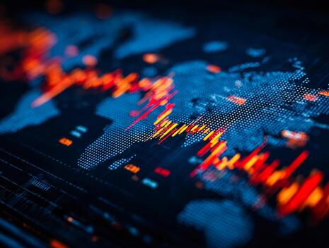 Digital global financial data visualization with colorful trend graphs and map overlay photo
