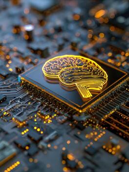 Neon brain icon illuminated on a circuit board, representing artificial intelligence and technology innovation photo