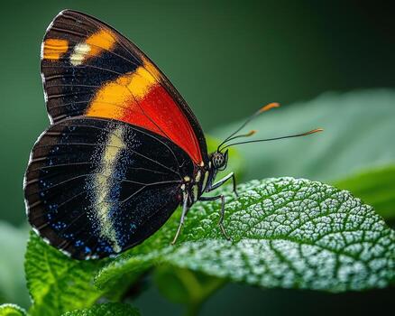 Close-up of a colorful butterfly perched on a green leaf photo