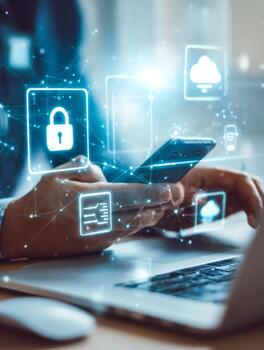 Digital security and cloud computing concepts represented through holographic icons photo