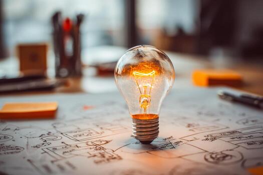 Creative idea spark illuminated by a glowing light bulb on a workspace with sketches and notes photo