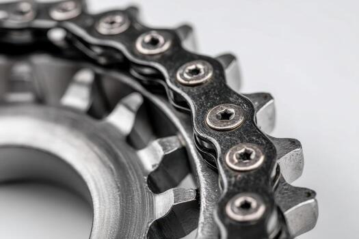 Detailed view of a metallic bike chain interlocking with serrated gears demonstrating precision engineering and mechanical functionality in motion components photo