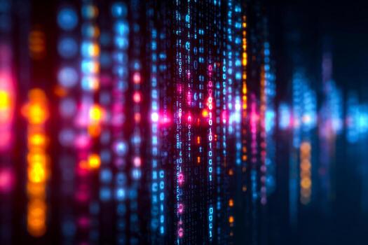 Digital data stream with vibrant glowing binary code and colorful light effects photo