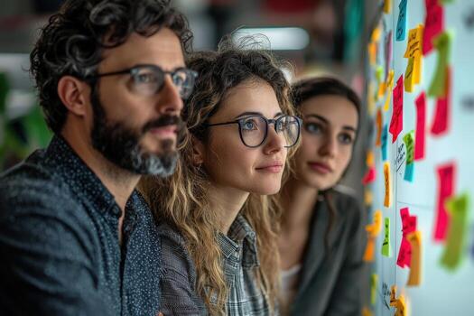 Team brainstorming session with colorful sticky notes on wall photo