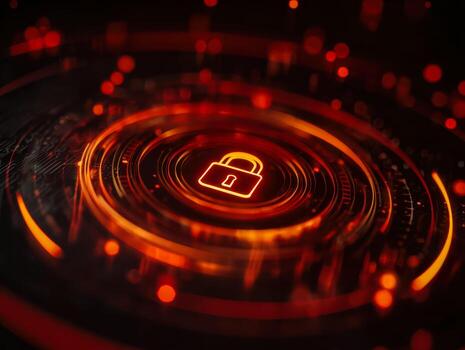 Advanced digital security concept with illuminated lock icon in a futuristic interface photo