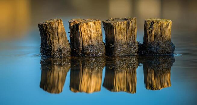 Weathered wooden posts reflected in calm water with a blurred background photo