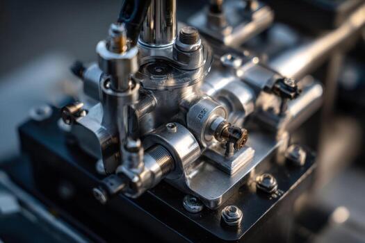 Precision mechanical component with intricate metal fittings and tubing for advanced engineering applications photo