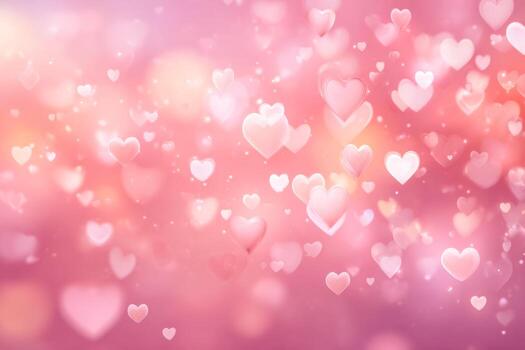 Romantic pink background with floating heart shapes and soft glow effects photo