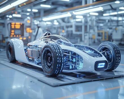 An image of a futuristic race car in a factory photo