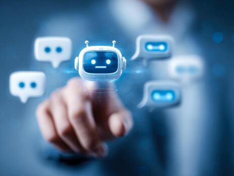 digital Interacción con ai chatbot íconos en un futurista interfaz foto