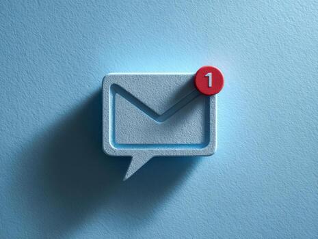 3d blue message notification icon with a red alert badge showing one new incoming message on a textured blue background with long shadow effect photo