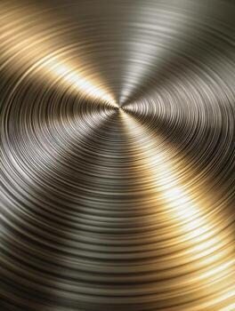 Shiny metallic surface with intricate circular grooves reflecting warm and cool light in a mesmerizing abstract pattern suitable for industrial and design concepts photo