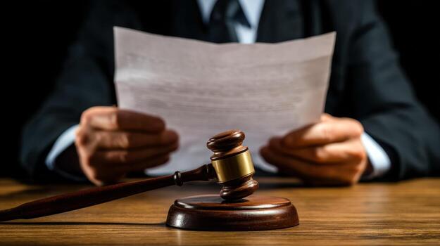 Judge's gavel resting on a wooden table with a person reading a document in the background photo