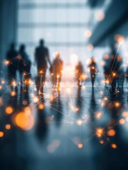 Blurred silhouettes of people walking through a modern space with glowing digital network connections symbolizing technology and communication integration photo