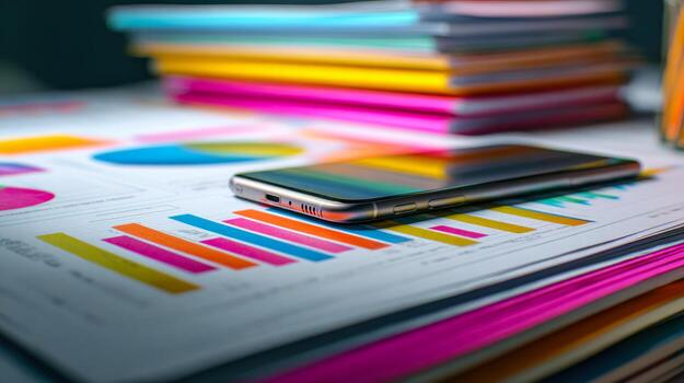 Business analytics and data presentation with mobile device on desk photo