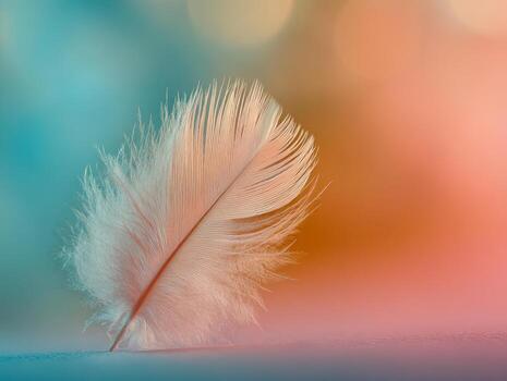 Soft delicate feather standing upright on smooth surface with a dreamy pastel-colored blurred background creating a serene and airy atmosphere photo
