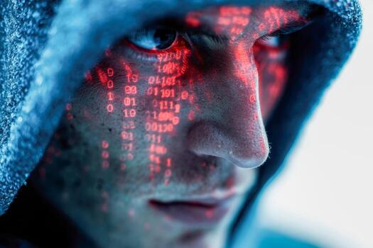 de cerca de un misterioso figura vistiendo un capucha con rojo iluminado digital código reflexiones en su cara simbolizando ciber seguridad y hackear temas foto