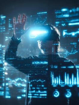 Person using virtual reality headset with digital data visualizations in a futuristic setting photo