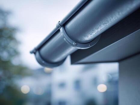 Close-up of a modern metal rain gutter system attached to a building roof edge with soft background bokeh effect on an overcast day photo