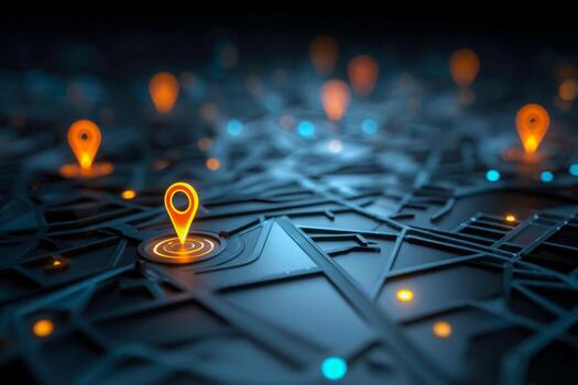 Futuristic digital map with glowing location markers and illuminated data points photo
