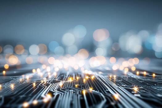 Glowing circuit board pathways with blurred bokeh lights illustrating advanced technology and futuristic digital network connections in a modern tech environment photo