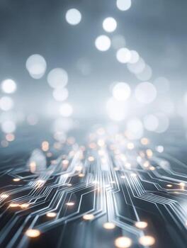 Abstract futuristic digital circuit board with glowing connection points and dynamic bokeh lights illustrating advanced technology and data flow concepts photo