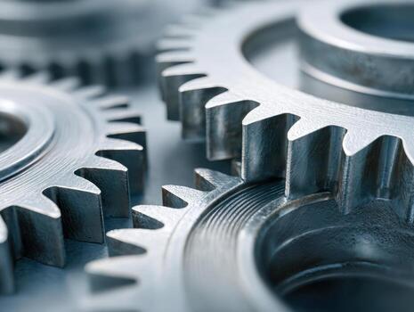Close-up view of interlocking metal gears showcasing precision engineering and mechanical details in an industrial machine component assembly environment photo