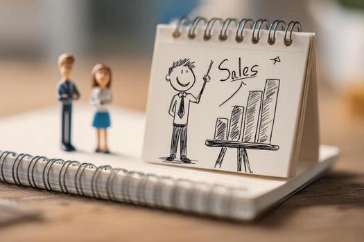 Small business strategy concept with miniature figures observing a notepad sketch of increasing sales graph and happy presenter on wooden table background photo