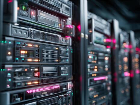 Modern data center server racks with illuminated indicators and networking equipment photo