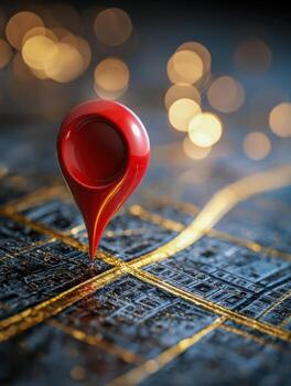 Red location marker pinpointing an intersection on a detailed illuminated city map with golden roads and blurred warm bokeh lights in the background photo