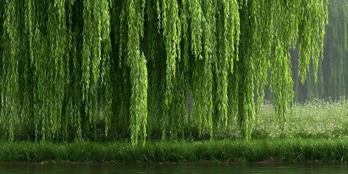 Weeping willow tree over riverbank wildflowers photo
