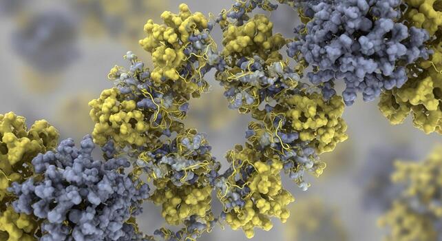 resumen 3d representación de adn doble hélice estructura con amarillo y azul partículas foto