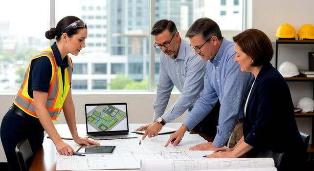 Diverse team of architects and engineers collaborating on a construction project in a modern office. photo
