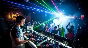 DJ performing at a nightclub with laser lights. photo