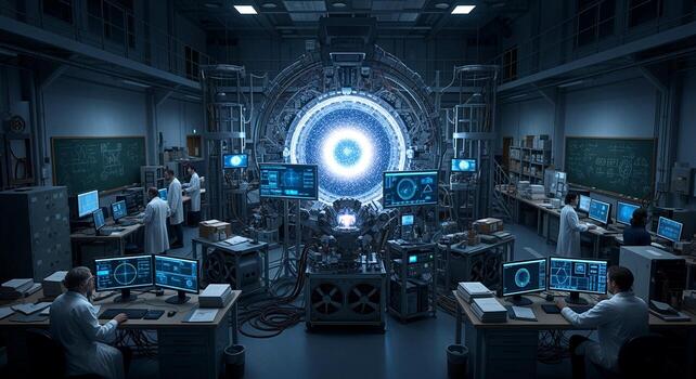 Futuristic Laboratory with Glowing Portal and Scientists Working on Computers. photo