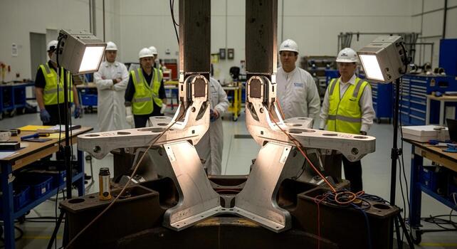 Team of engineers and technicians inspecting a large industrial component in a modern factory setting. photo