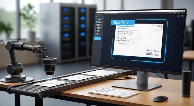 Automated Robotic Arm System with Conveyor Belt and Computer Display. photo