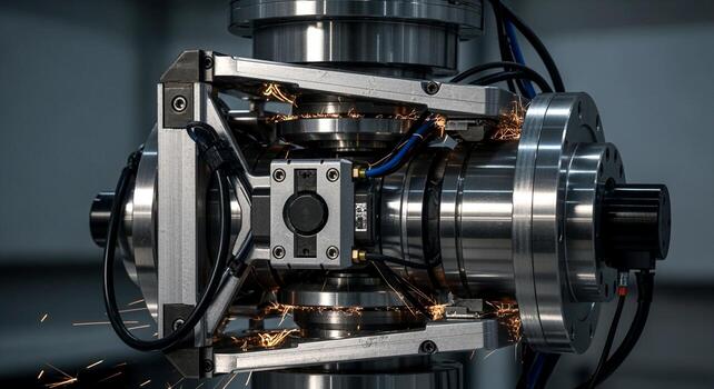 Close-up of a complex metallic machine with various components and wires, showcasing intricate engineering details. photo